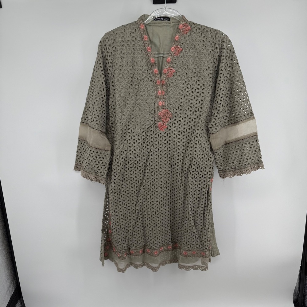 Tawakkal Fabrics Sage Green Eyelet Lace Tunic Pink Floral Embroidery Large